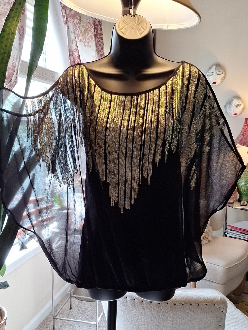 bebe Black Sheer Blouse with Gold Fringe